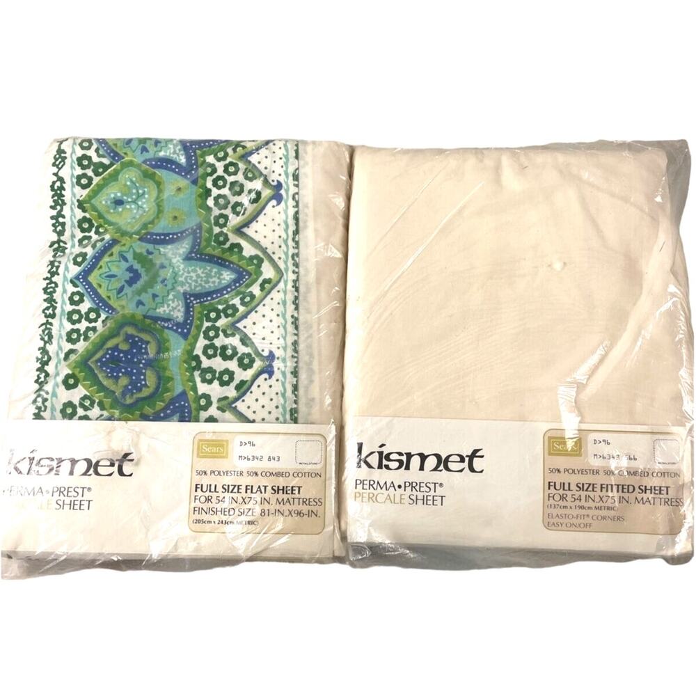 Vintage Sears Kismet Sheet Set – 2 Full Flat & Fitted NOS Beige Green Blue MCM